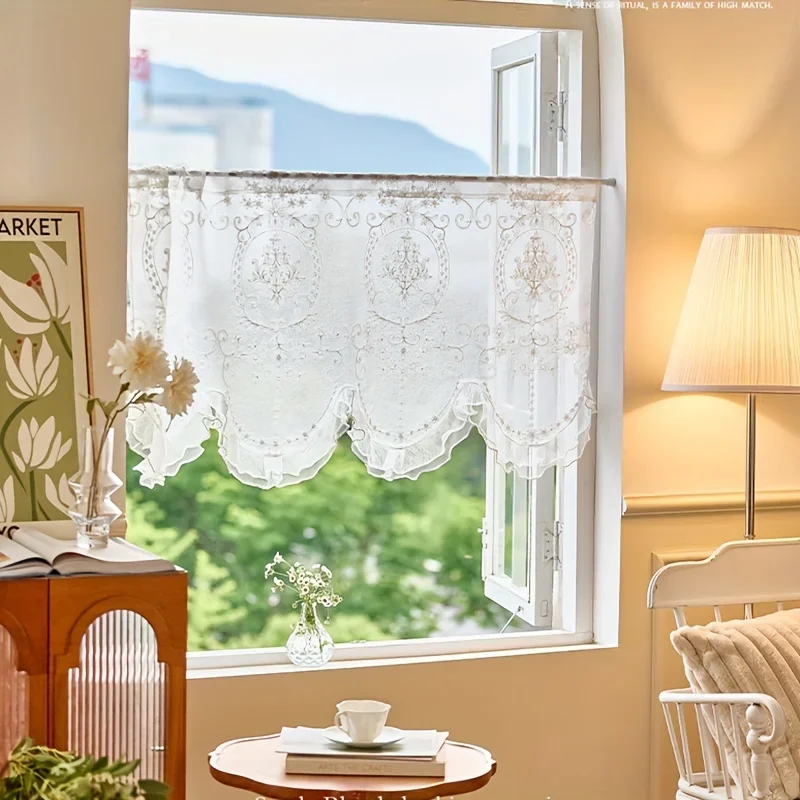 Tenda Corta Per Finestra 70x40cm - Cotone Lino Con Pompon Per Cucina E Bistrot