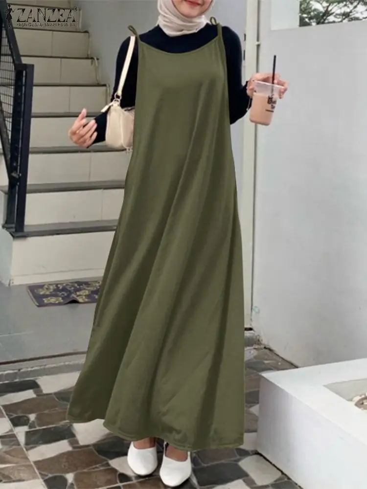 

ZANZEA Muslim Fashion Straps Dress Woman Sleeveless O-Neck Tank Vestidos Female Elegant Party Sundress Eid Mubarek Maxi Robe