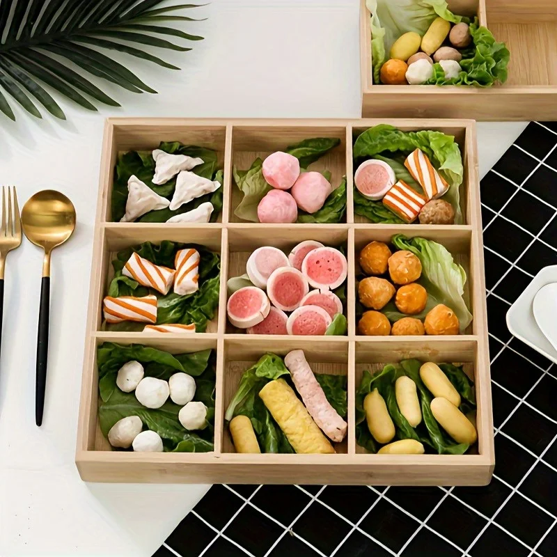 9-compartment Multifunctional Bamboo Partition Box, Snack Box, Fruit, Nut And Candy Hot Pot Box-Suitable For Kitchen, Co