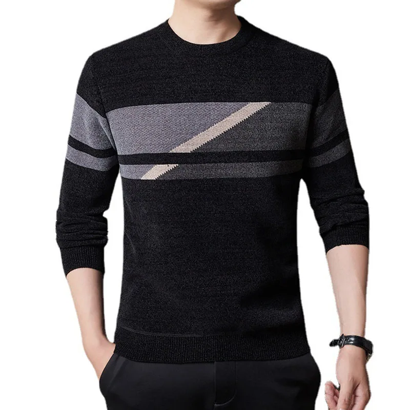 Male Clothes Business Office Fashion Round Neck Contrast Color Sweaters Autumn Winter Men's Warm Long Sleeve Knitted Pullovers
