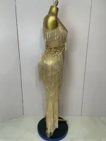 Shiny Gold Rhinestones Sequined Fringe Wide-leg jumpsuit 2025 Women Sexy Night Party Club Outfit Singer Stage Perform Costume - Image 4