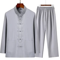 2 Pcs/Set Men Tang Suit Set Chinese Traditional Clothes Hanfu Elastic Waist Wide Leg Soft Mid-aged Men Shirt Trousers Sets 2