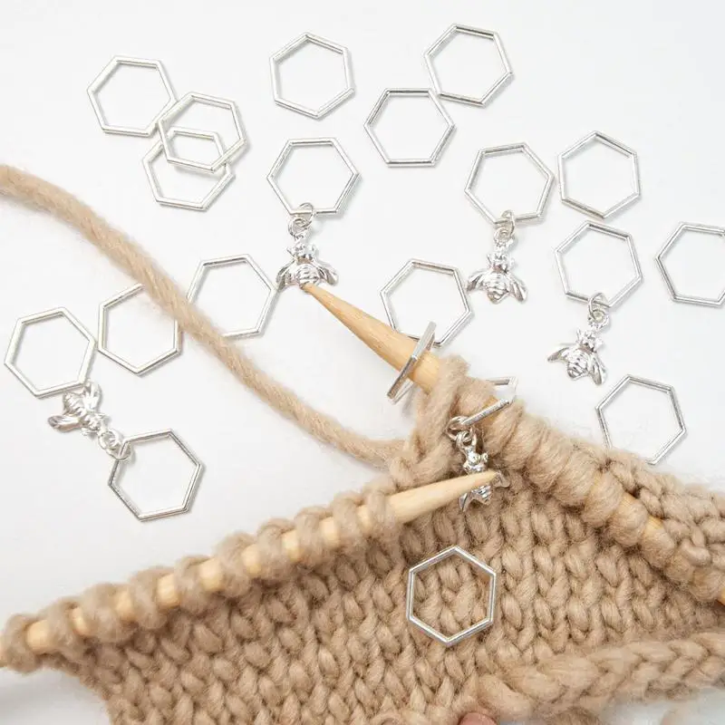 

30pcs Hexagon Bee Pendants Knitting StitchMarkers Silver Color Zinc Based Alloy Crochet Locking Needle Clip Knitting Tools