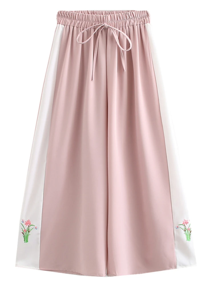 

Women Side Floral Embroidery Wide Leg Pants 2023 Summer Sweat Long Hight Waist Elastic Casual Loose Sweatpant Female