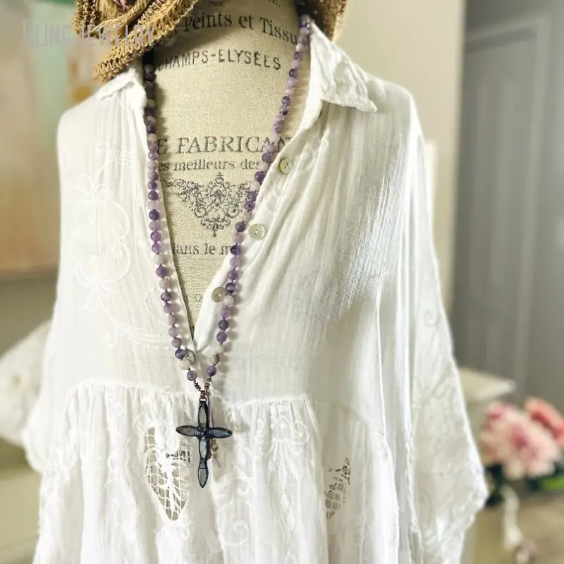 10pcs Purple Gemstone Matte Amethyst Boho Sari Silk Tassel Cross Pendant Necklace Women Accessories Aesthetic Y2k Jewelry
