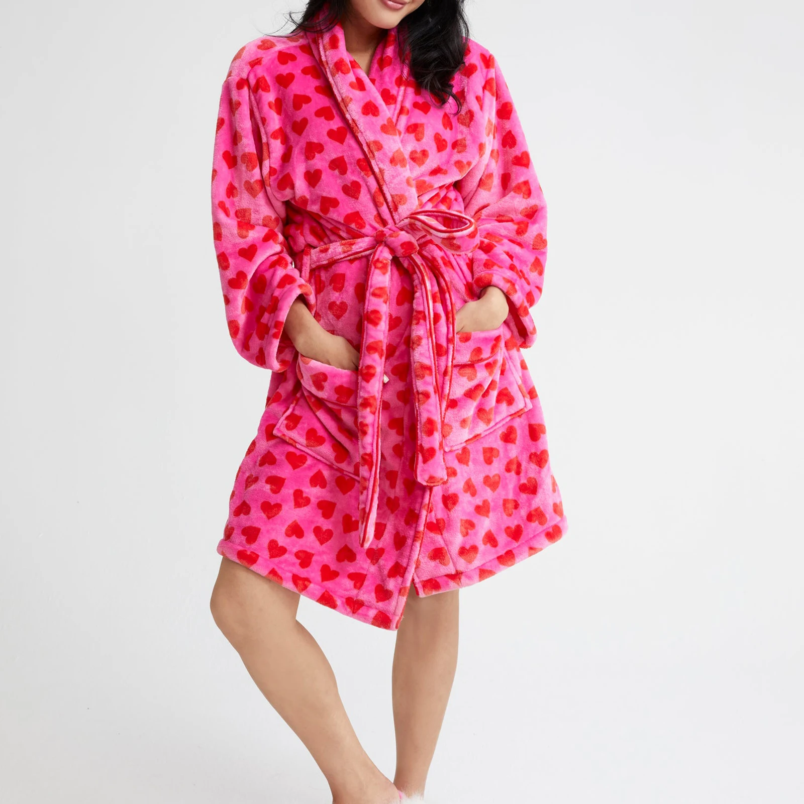 Women Striped Fleece Robe Fuzzy Y2K Printed Long Sleeve Shawl Collar Bath Robe Cute Plush Warm Kimono with Pocket 2025 women sleepwear
