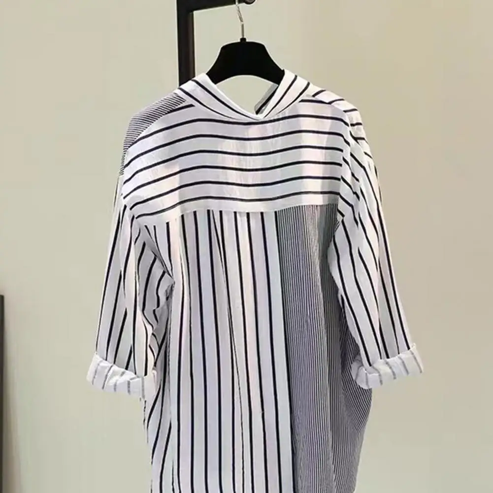 

Women Shirt Striped Print Lapel Blouse with Long Back Commute Shirt for Women Loose Fit Single-breasted Long Sleeve Top Spring