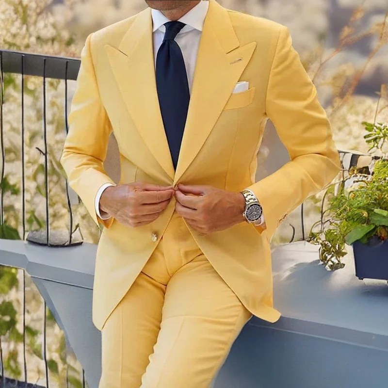 

Yellow Prom Men Suits Slim Fit Peaked Lapel Wedding Groom Tuxedos Latest Design Fashion 2 Piece (Jacket + Pants) 2023