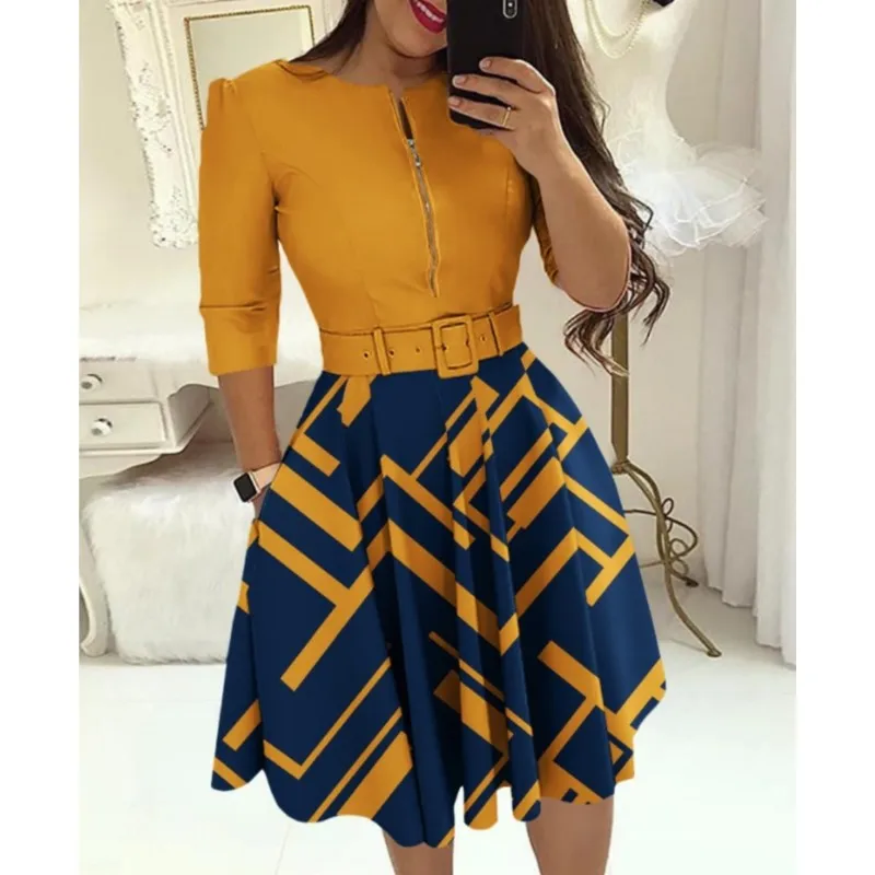 

Geometry Print Splicing Dress Casual Zipper With Belt Crew Neck Mini Dress Women Clothing Curve Office Lady Patchwork Dress