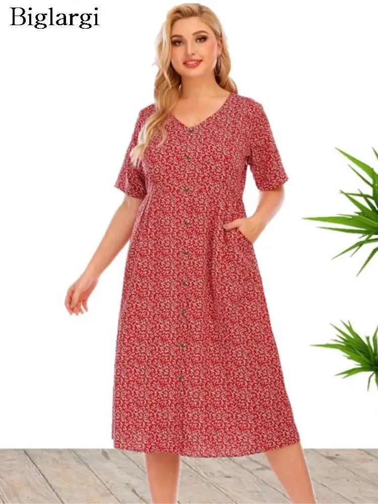 

Plus Size Summer Midi Dress Women Floral Print V Neck Modis Ladies Dresses Casual Loose Dress 2023 Vestido Mujer