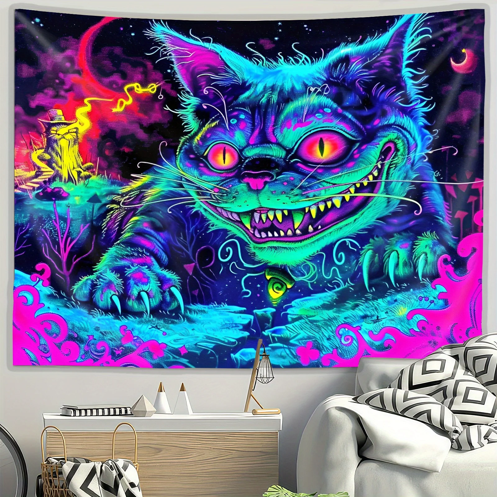 VIKAMA Fantasy Cheshire Cat Wandteppich mit Farbverlauf und Mondlicht-Effekt, Kinderzimmer-Dekoration im Fantasy-Stil, Wohnzimmer-Dekoration – Detail 4