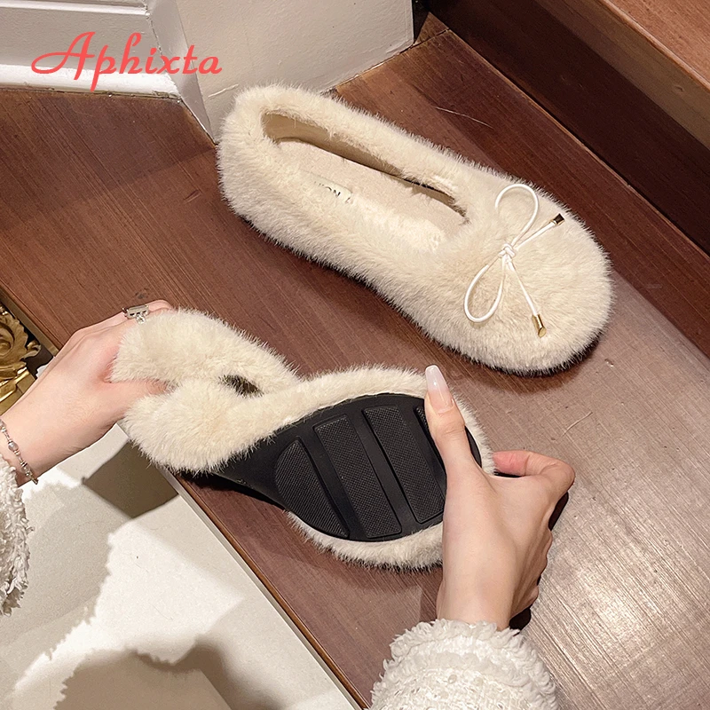 Aphixta Furry Sweet Bow Dec Women Flat Shoes Yellow Shallow  Flats Shoes Women Flat with Loafers Soft Sole Woman Casual Shoes