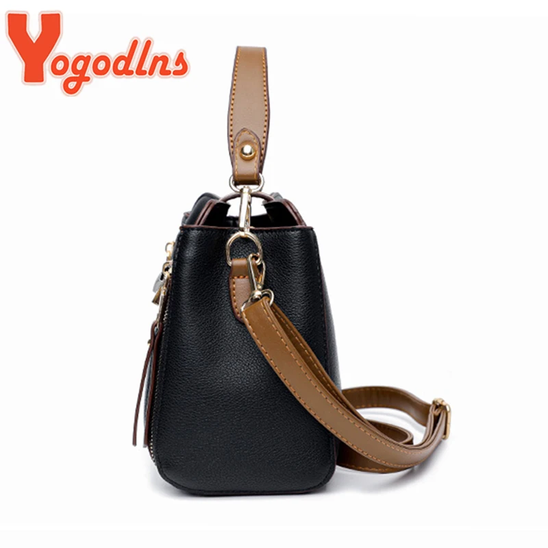 Yogodlns Luxury Splicing Handbag For Women PU Leather Bucket Shuolder Bag Fashion Handle Bag Brand Shopping Mommy Crossbody  Bag