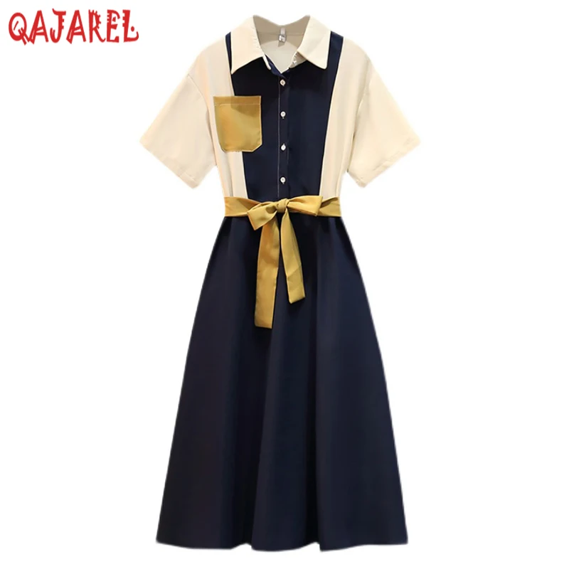 

Women Fashion Patchwork Polo Collar Midi Dress Summer Short Sleeve Elegant Bodycon Office Lady Dress 2024 Korean Vintage Dresses