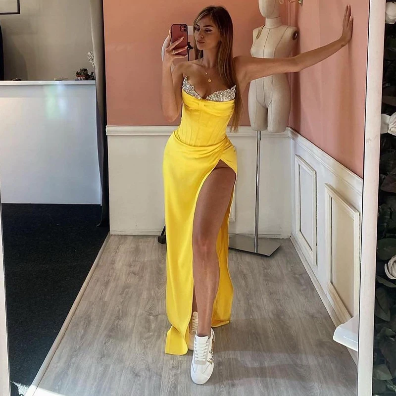 

UZN Yellow Mermaid Prom Dress Formal Beadings Sweetheart Evening Dress Sexy Side Slit Saudi Arabia Party Prom Gowns Custom Size