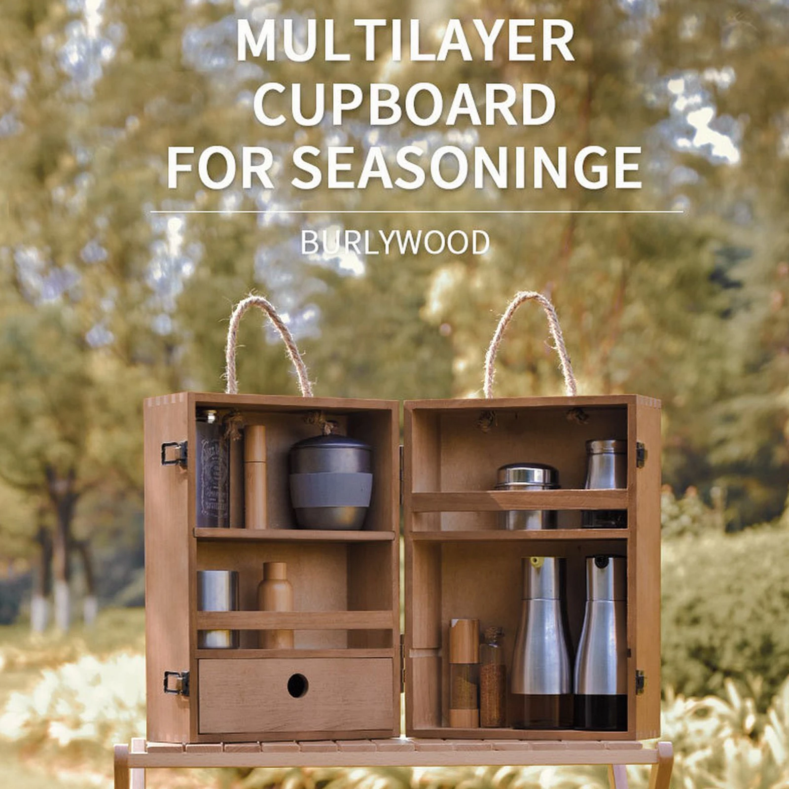 

Mini Portable Camping Spice Box Vertical Spice Rack Wooden Seasoning Bottle Rack Outdoor Seasoning Protector Handle Box