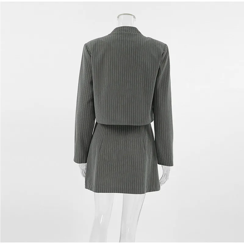 Striped Short Jackets Skirts Set Women Casual Long Sleeve Suit Coat Mini Skirt Sets Female Elegant Chic Gray Outfits Streetwear
