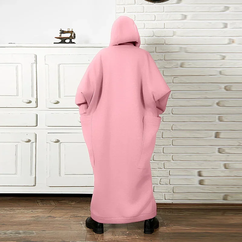 Women's Long Hoodies Big Pockets Straight Fleece Tunics Maxi Long Dress Spring Autumn Casual Sweatshirts Pullover Streetwear