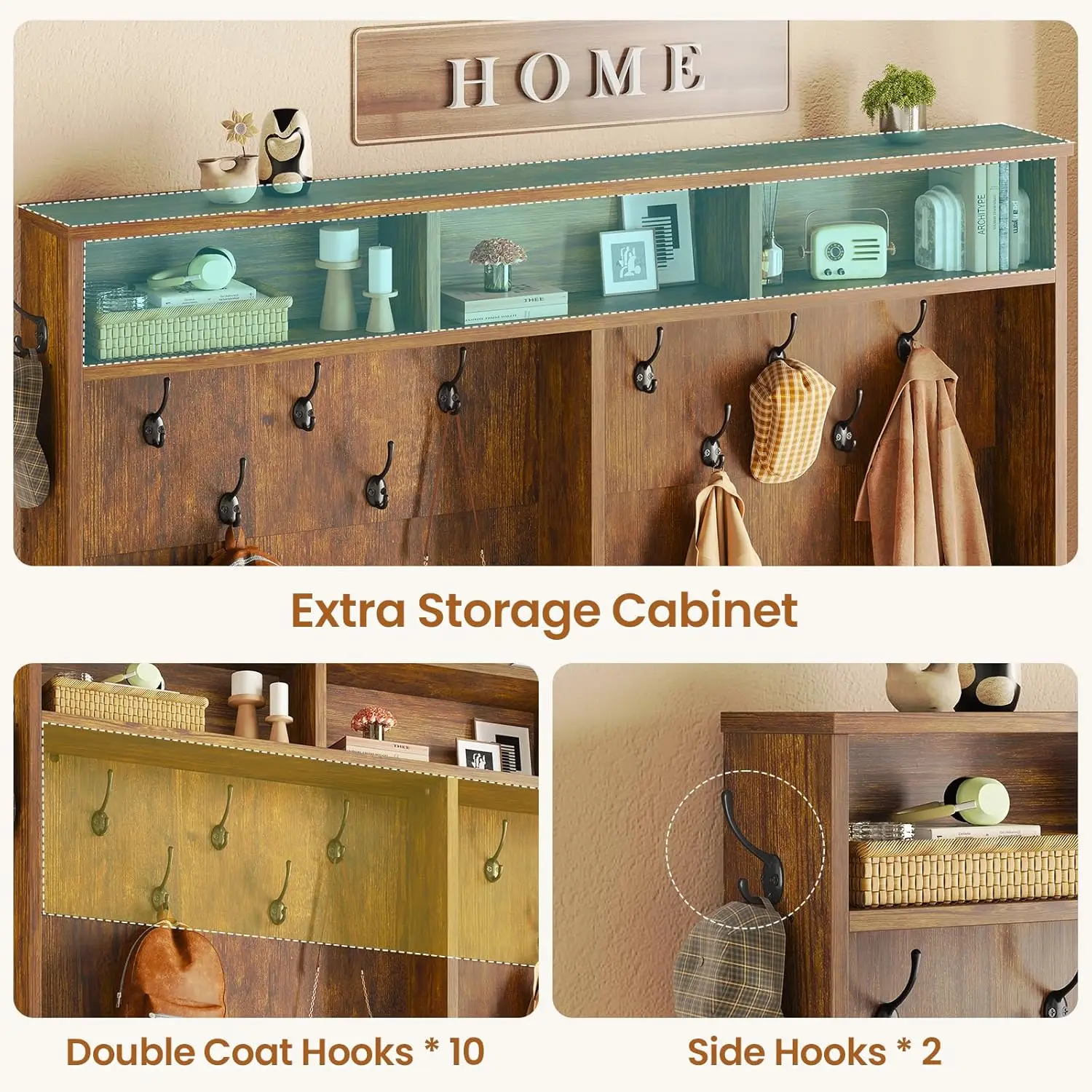 Hall Tree with Bench and Shoe Storage, 5-in-1 Entryway Bench with Coat Rack, 16 Shoe Cubbies & 12 Coat Hooks, Barn Door & Adjust