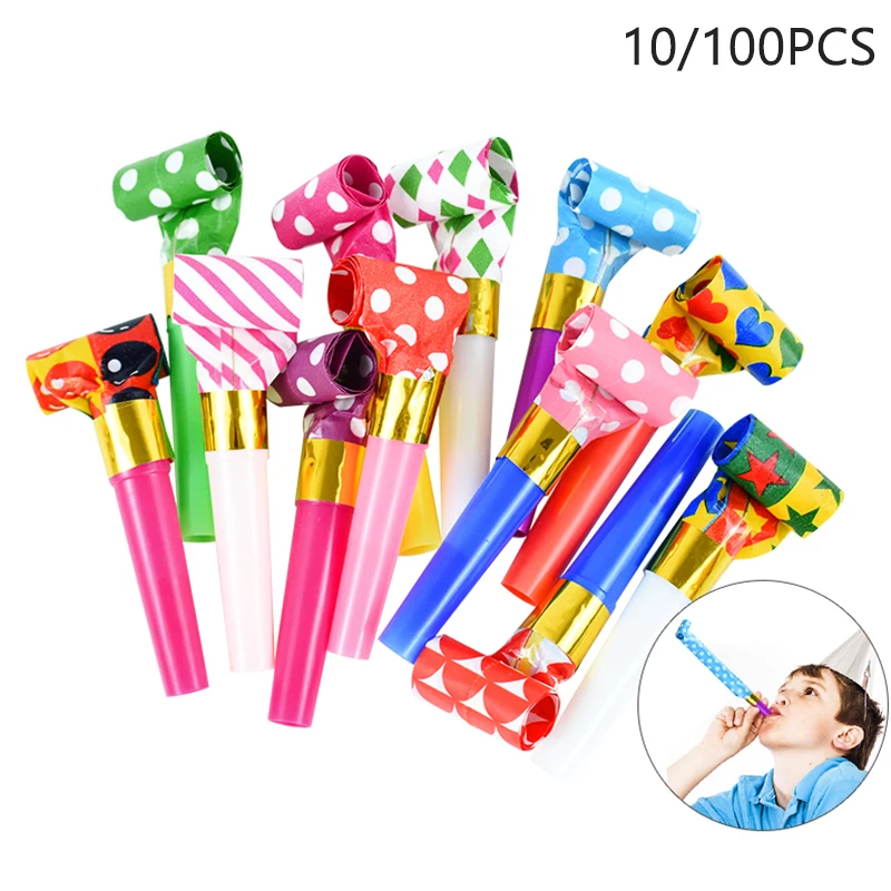 Colorful Blowout Whistle Blow Roll Toy Kids Birthday Party Favors Gifts Cheer Props Pinata Filler Baby Shower Supplies 10/100PCS