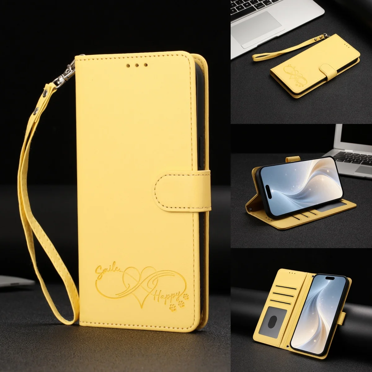 Leather Stand Wallet Phone Case with Card Holder and Strap