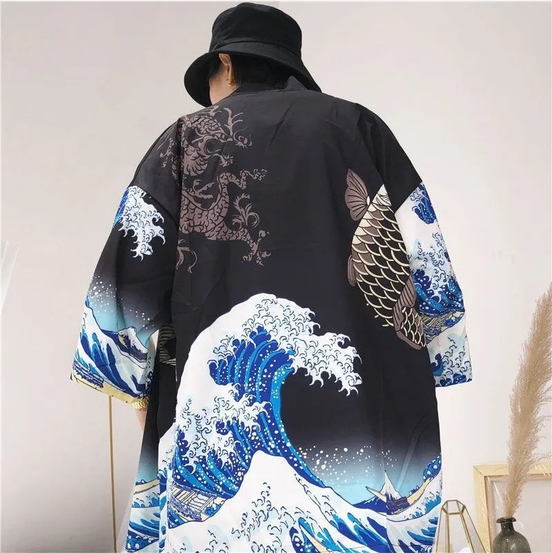 

The Great Wave Off Kanagawa Man Japanese Traditional Orient Ethnic Cardigan Kimono Haori Man Unisex Thin Loose Ukiyo-e Outfits