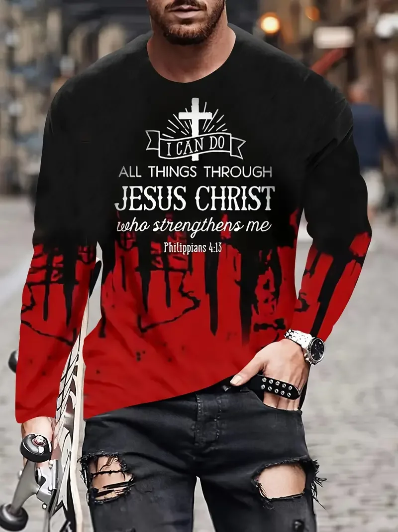 Camiseta vintage con estampado de letras cristianas de Jesús para hombre, manga larga, cuello redondo, camiseta estampada en 3D, ropa deportiva de gran tamaño para hombre
