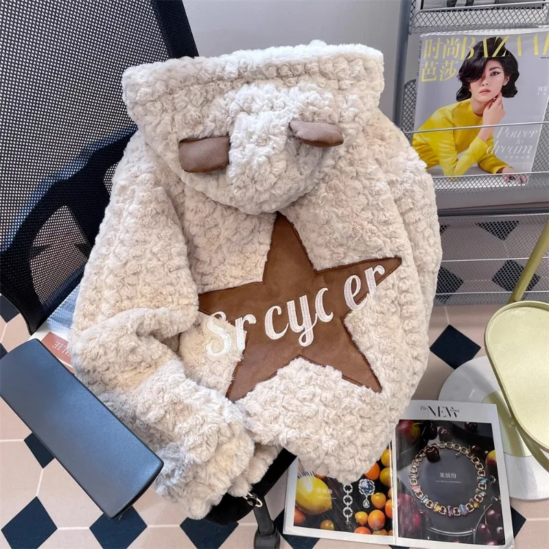 

2023 Winter Thicken Warm Kawaii Geometric Letter Embroidery Bear Ears 3D-Decorate Hooded Plush Coat for Women Cozy Trendy