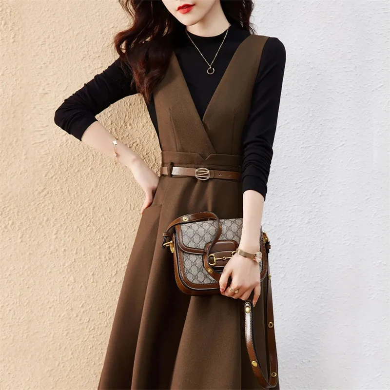 vintage slim tank Dress 2 Piece Set black knitted pullover + belt Midi sleeveless Vestido Conjuntos Fall Winter Dresses Outfits
