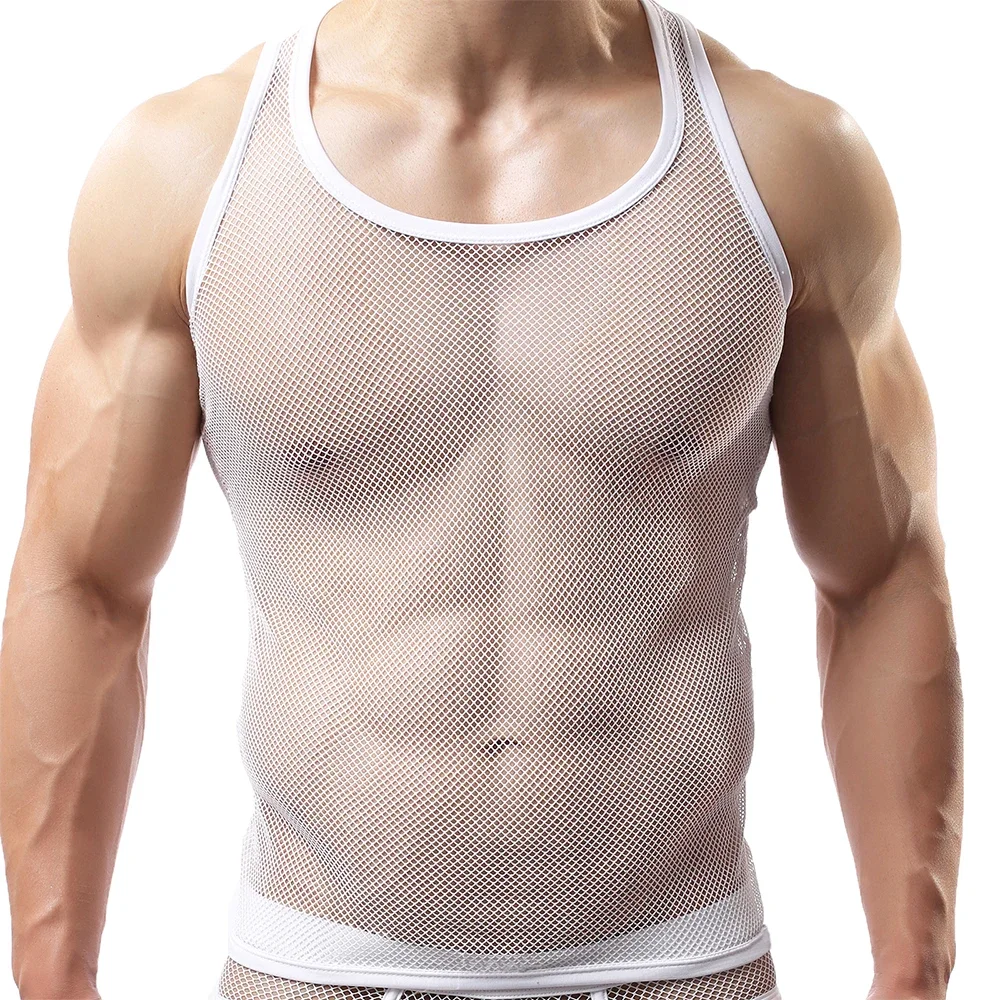 Men See Through Mesh Tank Top Sexy Sleeveless Mesh Sheer Undershirt Singlet Fishnet Transparent Perspective Bodybuilding Tee Top