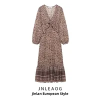 Ele Layered Decorative Print Midi Dr Spring New Arrival Women's Faion JNLEAOG Long Sve V-Ne High Waist Skirt