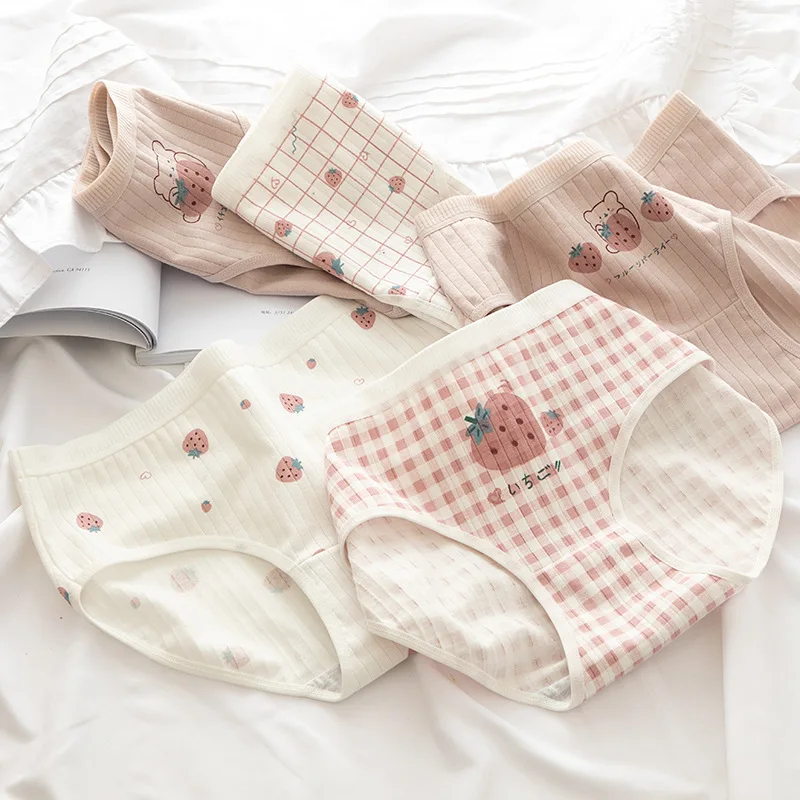 

M-XL Sweetheart Strawberry Plaid Cotton Women Underwear Vertical Stripe Girls Breathable Student Triangle Female Lingerie