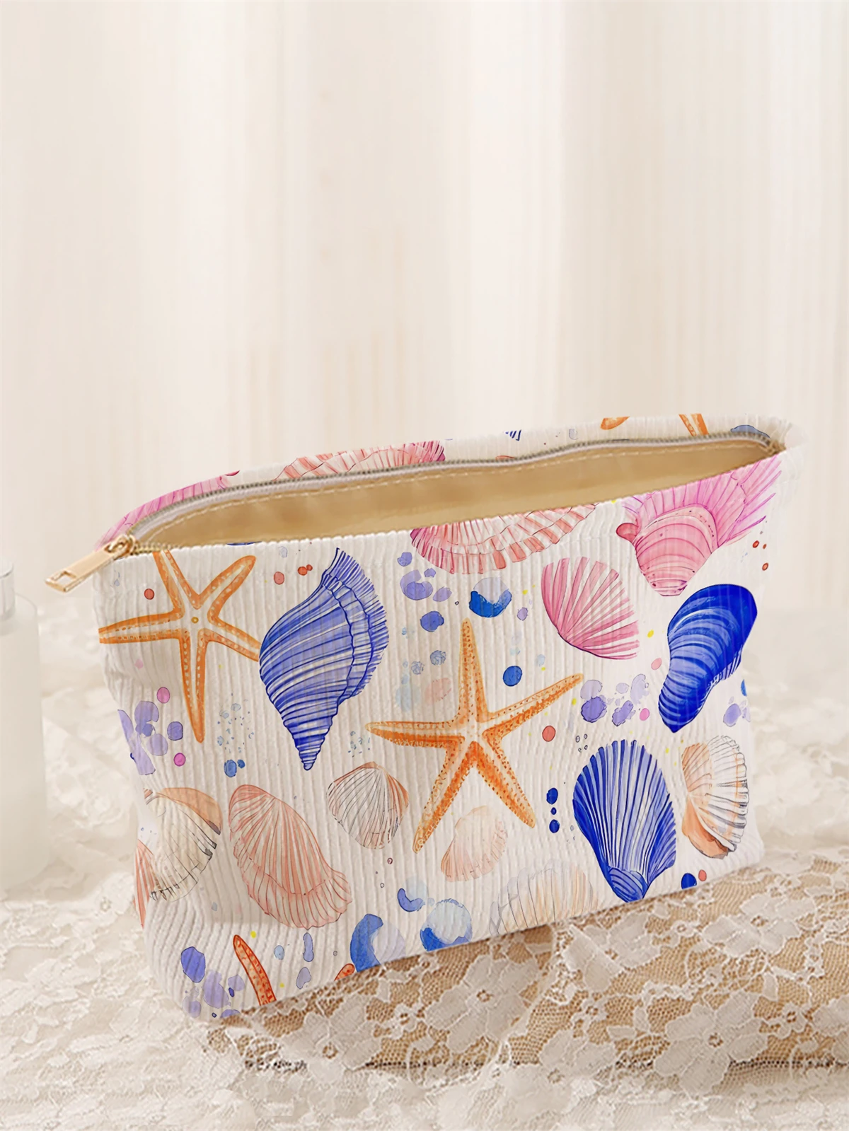 Ocean shell and starfish patterned corduroy makeup bag, lightweight zipper makeup storage box, multifunctional bag with lining