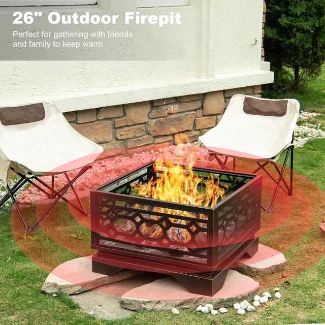 26 Inch Outdoor Wood Burning Fire Pit with Mesh Cover and Fire Poker Large Square Metal Fireplace Ideal for Patio Backyard Gard 6