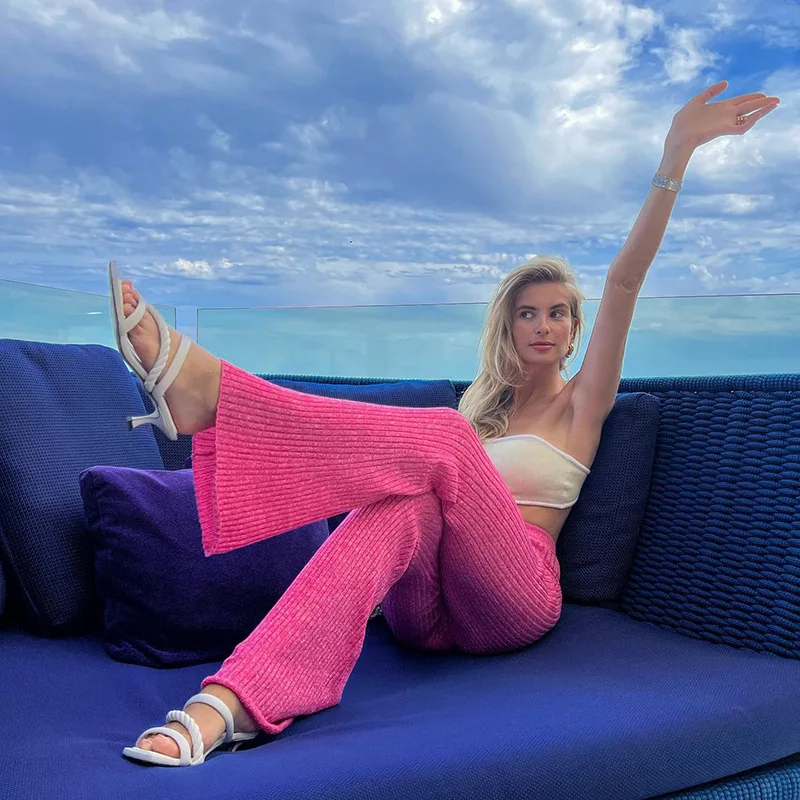 

Crystal 2023 Autumn Casual Women's Pant Solid Color Pit Stripe Flare Pants Casual Pants Leggings Flare Trousers Female