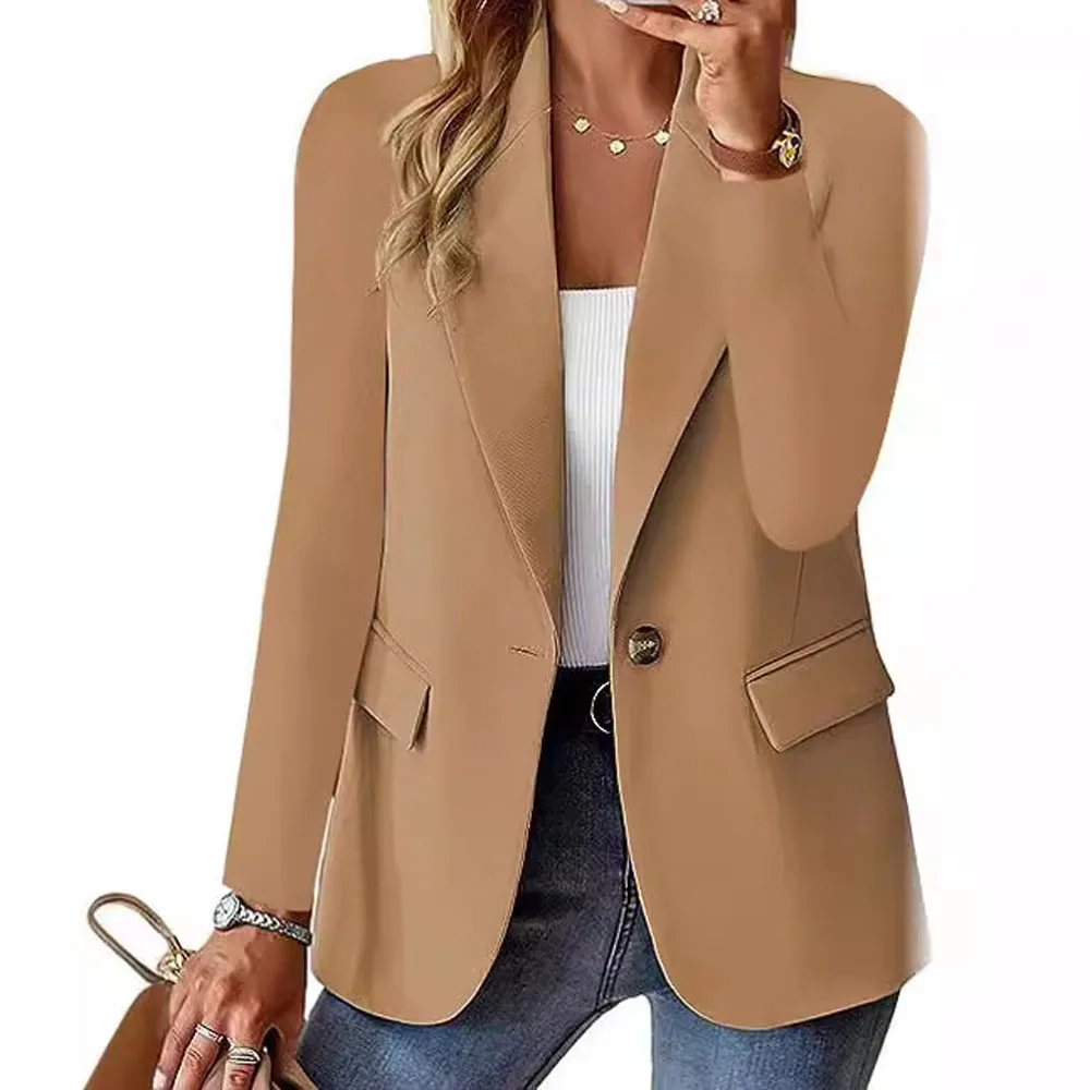 Women Solid Slim One Button Long Sleeve Blazer