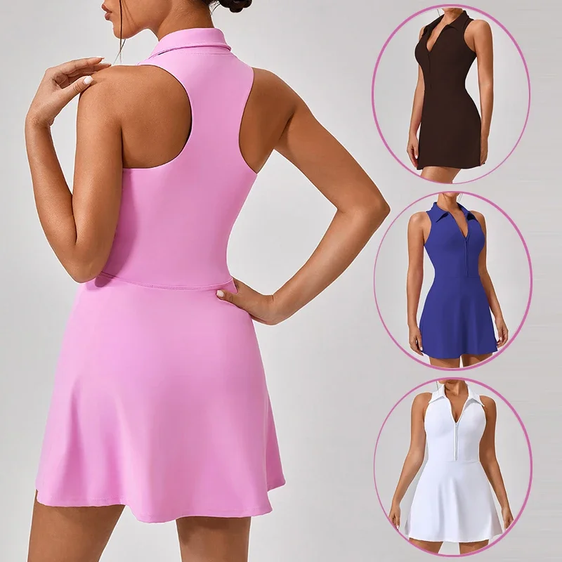 Women Tennis 2-in-1 Golf Sports Fitness Dress Built-in Shorts Sleeveless Polo V-Neck Workout Skirts