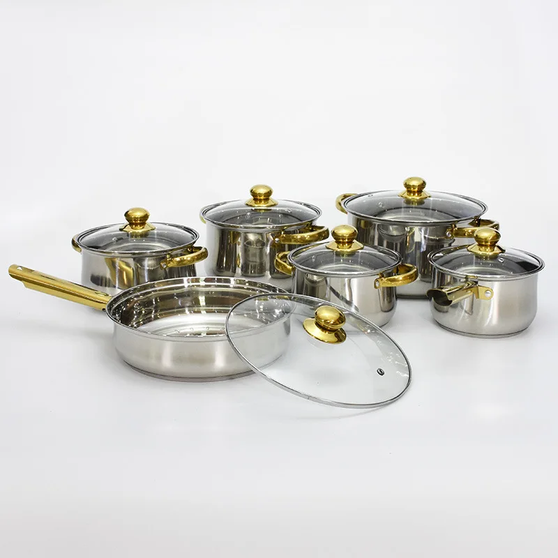 Hot Sale 12pcs Stainless Steel Cookware Set with Golden Handles Belly Pot  Frying Pan Soup Pot Set with Capsuled Bottom