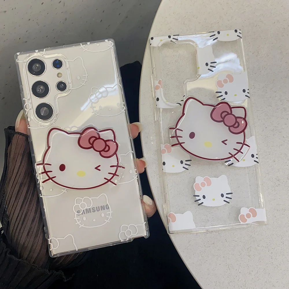 

Cute Hello Kitty with Bracket Lanyard Phone Case for Samsung Galaxy S20 S21 FE S22 S23 Plus Ultra Note20 A53 A54 5G Back Cover