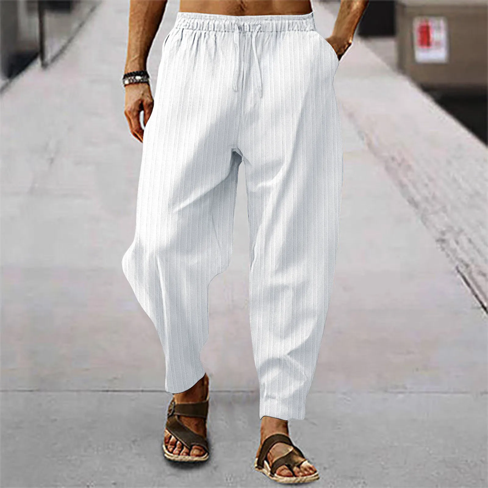 Men's hip-hop pants with loose and breathable cotton and linen stripes, loose and casual sports pants