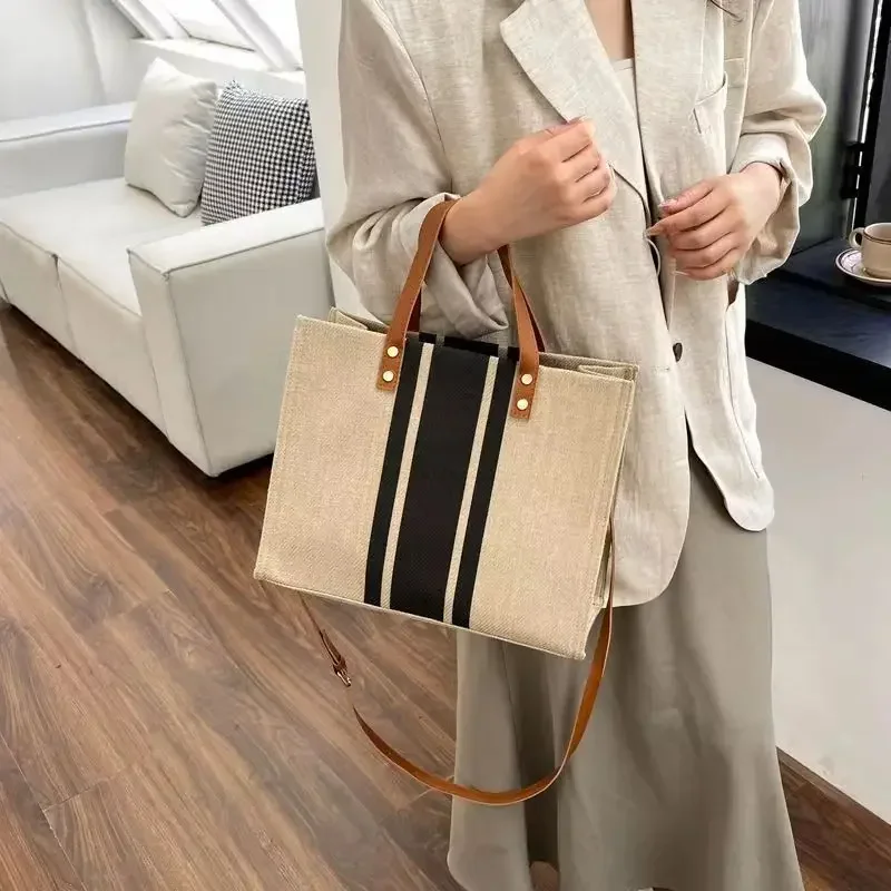 Women's Woven Crossbody Tote Bag Striped Simple Shoulder Bag Large Capacity Commuter Linen Tote Bag