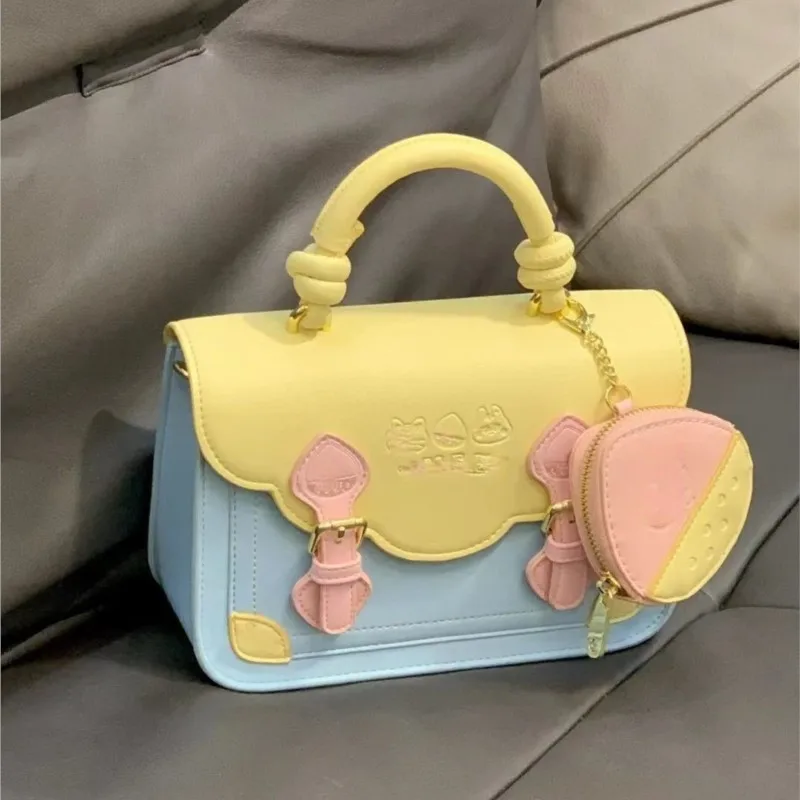 Sweet Cute Color Block Handbag Women JK Academy Style Square Leather Shoulder Bag Ladies Fashion Minimalist Kawaii Messenger Bag