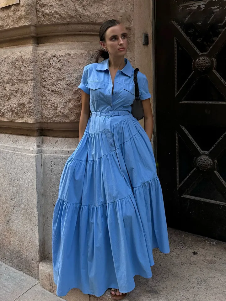 Abito da donna in tinta unita senza maniche, abito casual, abito lungo estivo, Blu, XL