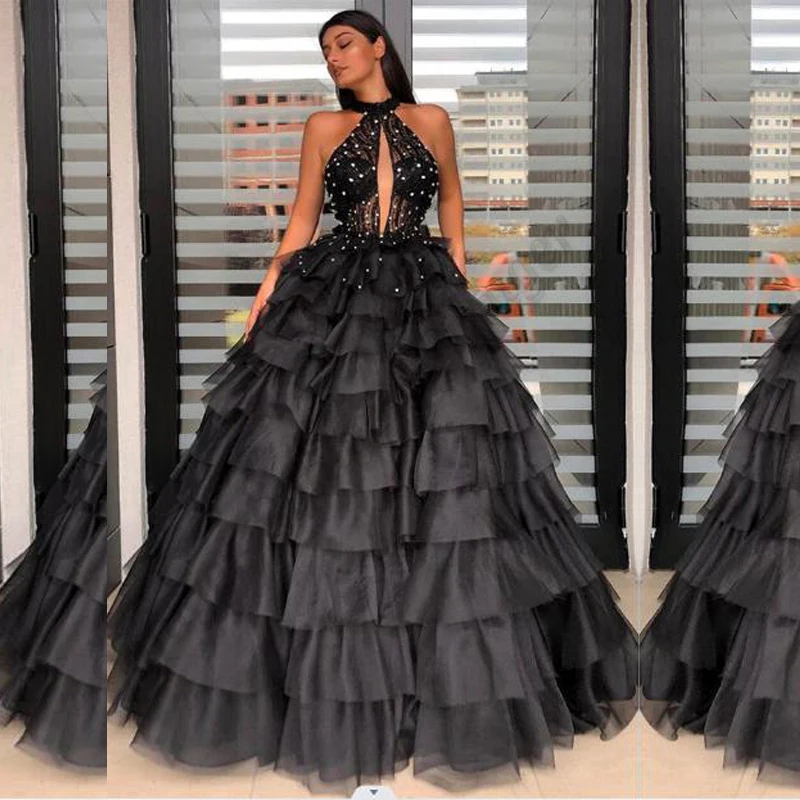 Black Tulle Tiered Evening Dress Sleeveless Appliques Beaded Formal ...