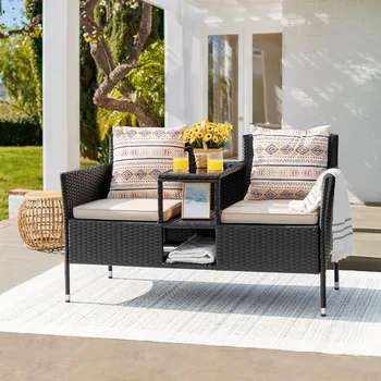 Modern Rattan 2-Seat Patio Loveseat with Built-in Coffee Table 1
