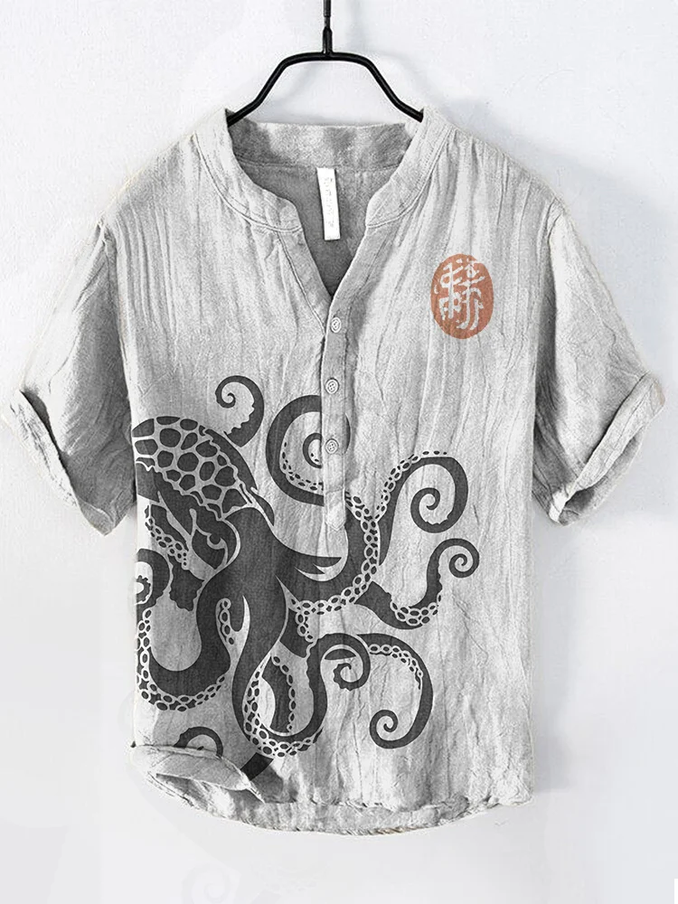 Japanese frog print Henley Shirt Men's Cool And Thin Breathable Summer Shirts Button Stand Collar Shirt v-neck henley shirt 3