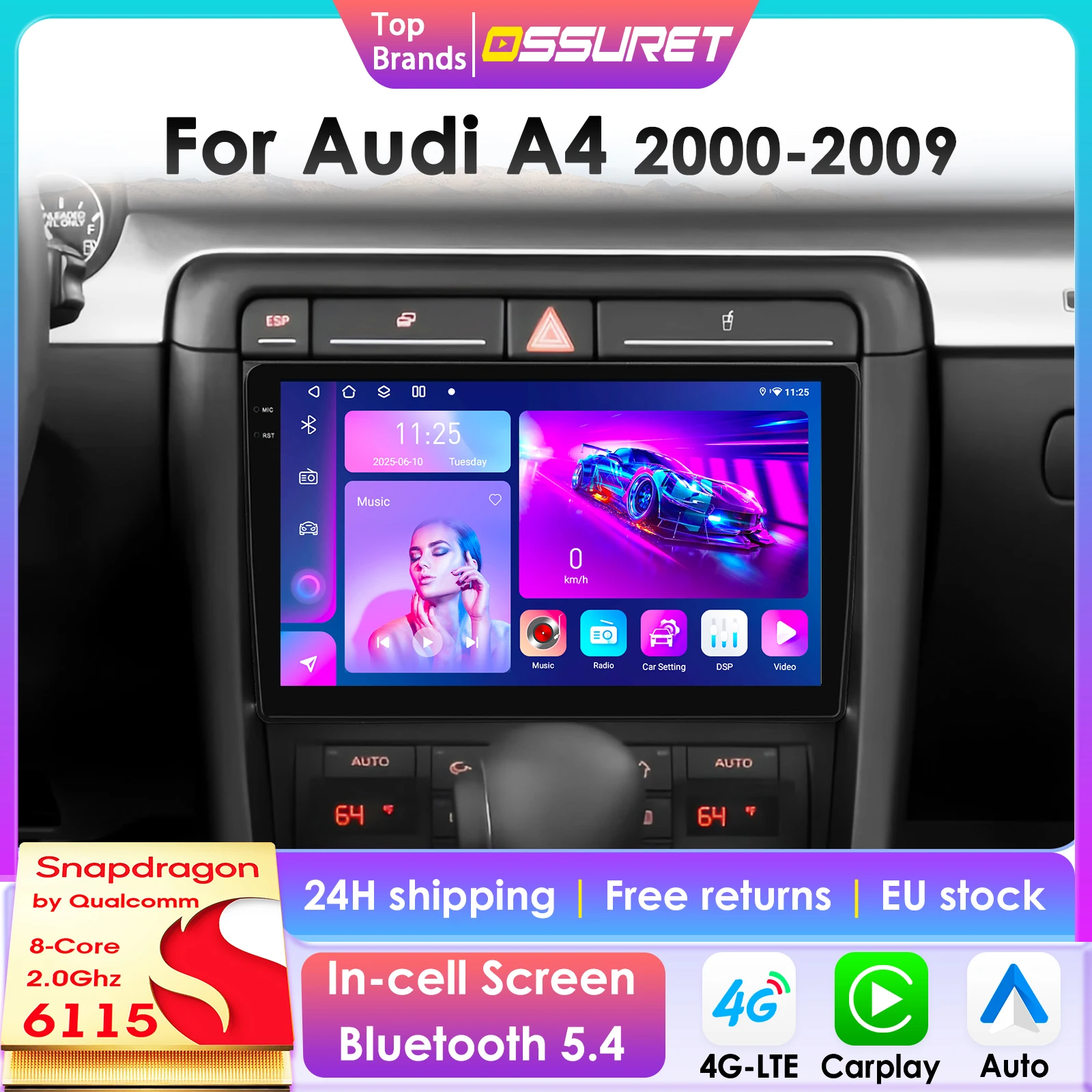 Radio de Coche Inalámbrico con CarPlay y Android Auto para Audi A4 2000-2009, Sistemas Inteligentes GPS, Estéreo Multimedia 2Din, Autoradio 4G 6115 1