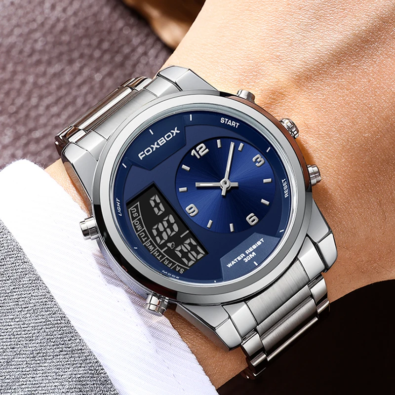FOXBOX Top Brand Digital Men Watches Casual Man Quartz Luminous Wristwatch Stainless Steel Military Waterproof Sports LCD Clock