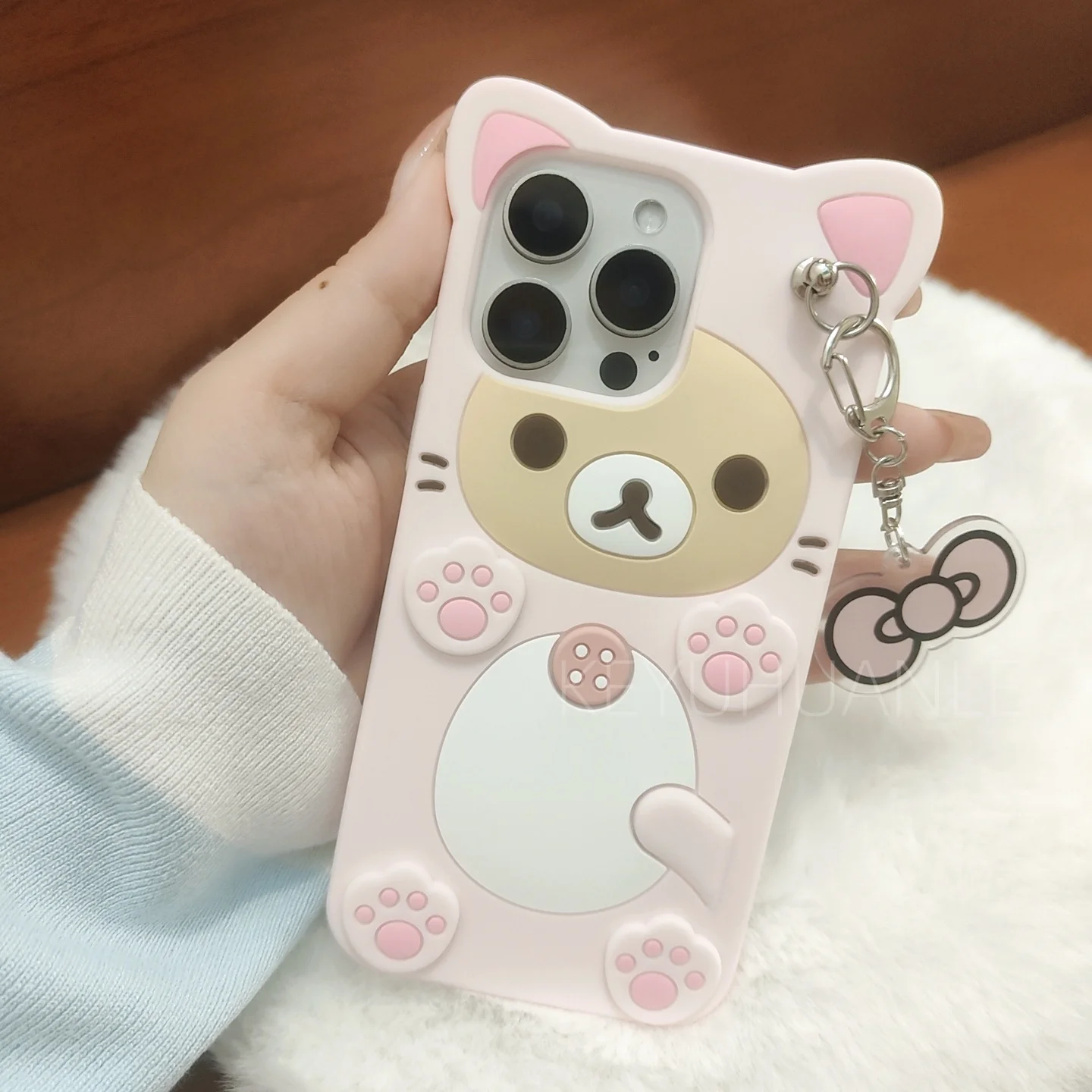 Adorable Rilakkuma 3D Cartoon Phone Case with Key Chain Pendant