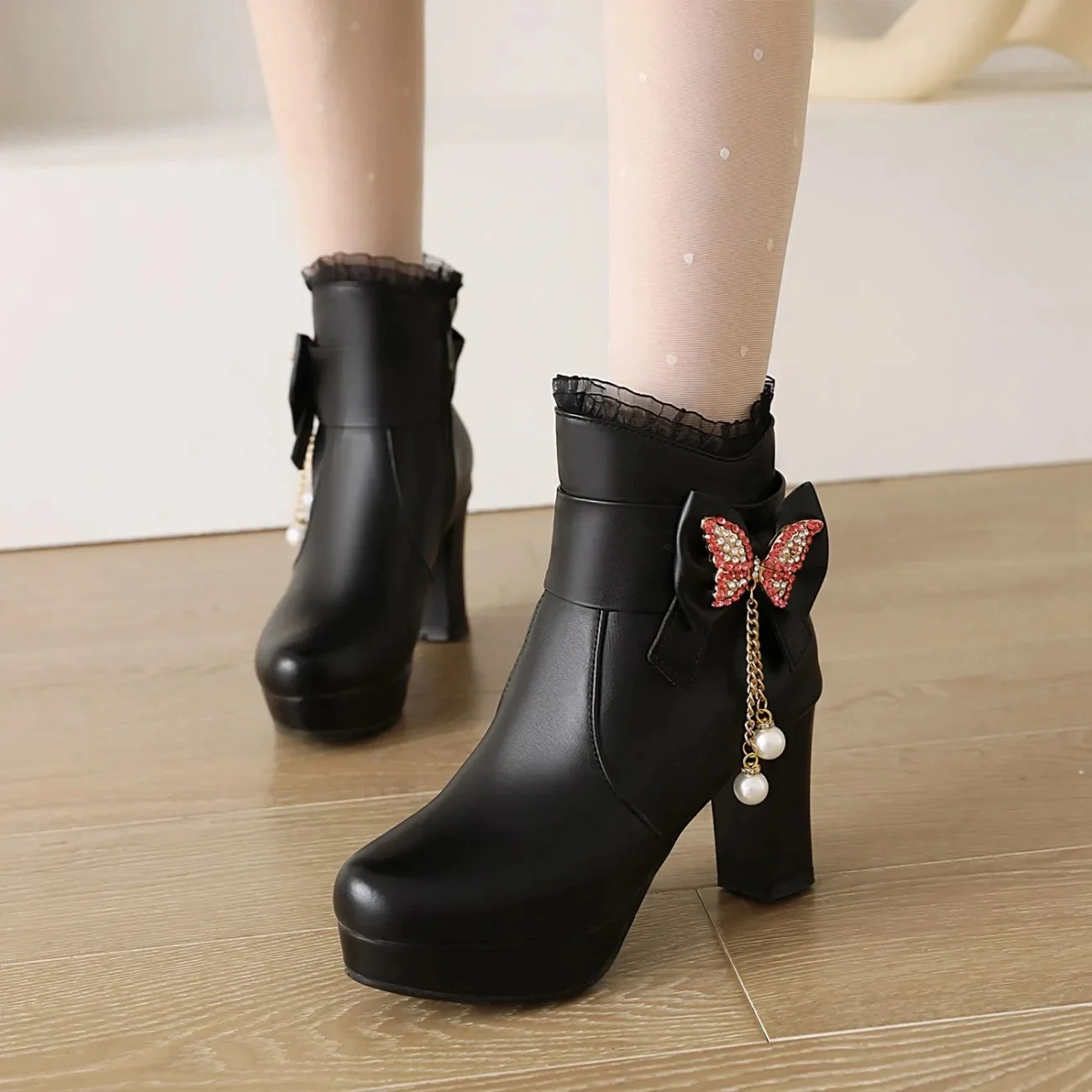 

Cresfimix Botas Femininas Women Cute Sweet Black Knee High Autumn & Winter Plus Size Square Heel Boots Lady Pink Heel Boots A688